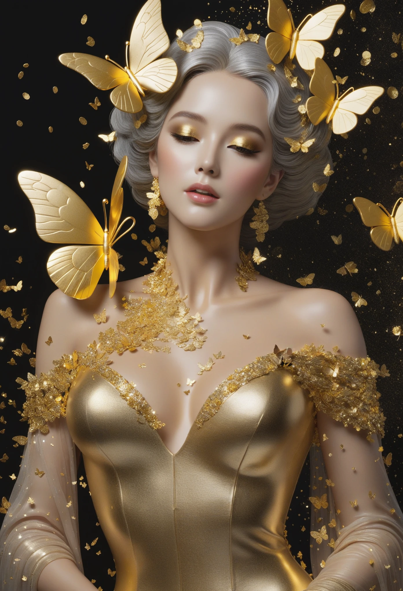 gold leaf art：1.5.Made of platinum，statue，Still Life Table Setting，dark background，Woman portrait sculpture，look up，Golden butterfly on cheek，Hollow butterfly wings，Gold Crumbs，Gold particles，modern style, High resolution, artwork，Advanced complex technology，Gold confetti falling in the air