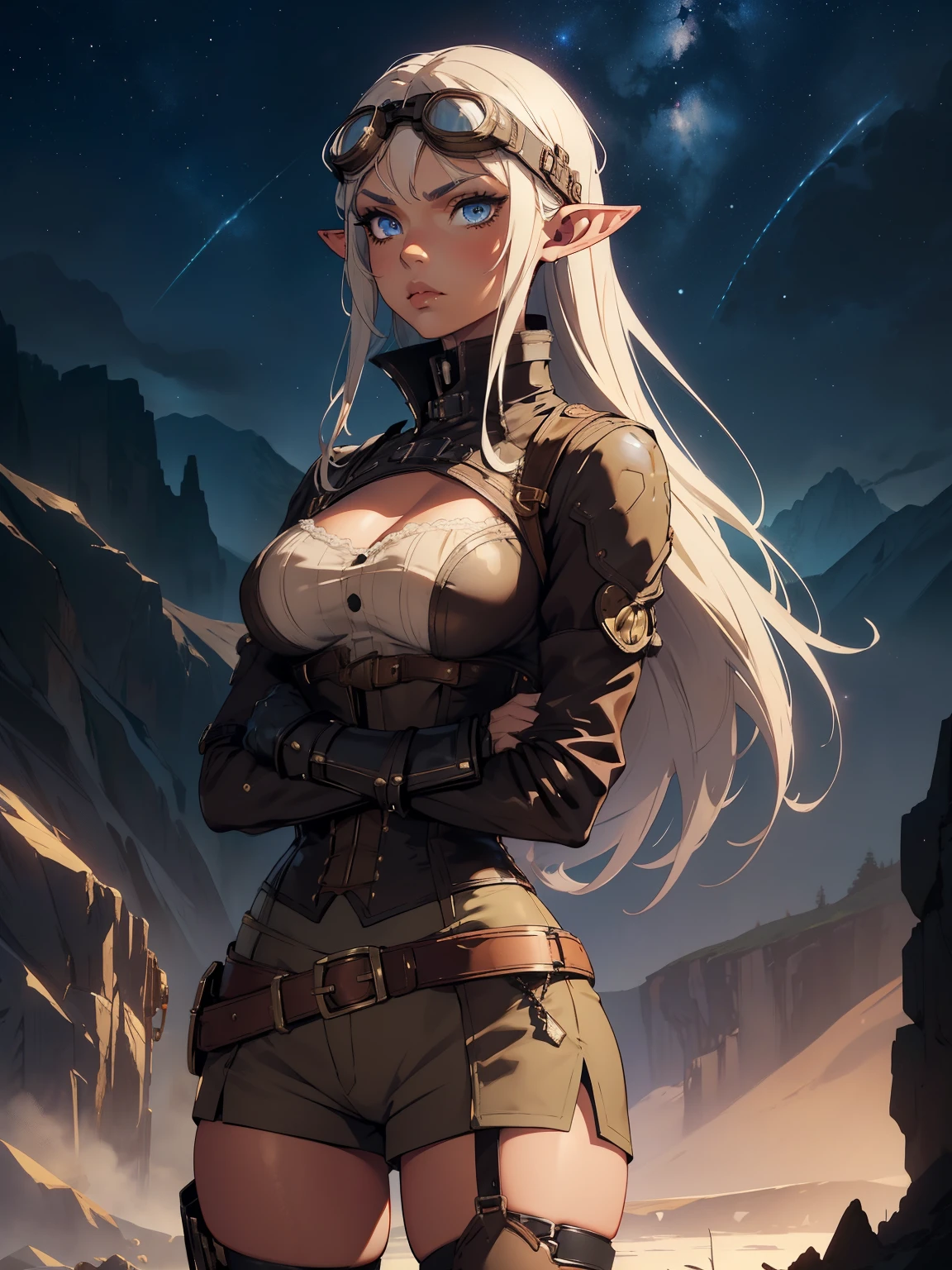 masterpiece, high quality, 1_woman, ((upper body)), (with arms crossed), ((crossing arms)), standing, (exotic skin_complexion:1.4), mature, (looking away from the viewer), (pouting face), tall, beautiful, exotic, with long elf ears, long hair, silver hair, detailed face, having diamond shaped eyes, blue eyes, (dark_eyeliner), long_eyelashes medium_bust, wearing Steampunk corset, chest window, (brown shorts), crossing belts, (goggles on head), long fingerless_gloves, belts with metal gears, black thigh highs with embroidery, knee boots with laces, dynamic lighting casts detailed shadows, mountains in distance, walking path, grassy field, night sky, stars, 