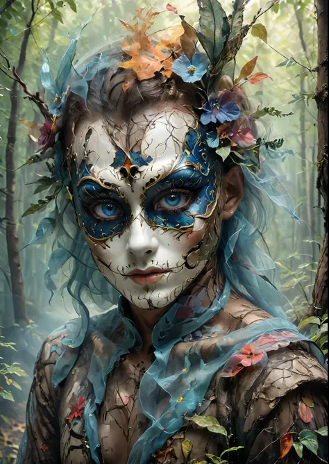 venice mask, men and women、light blue eyes、in the forest, complex colors, art me、real photo、high definition、detailed