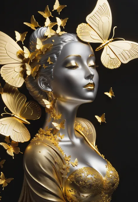 gold leaf art：1.5.Made of platinum，statue，Still Life Table Setting，dark background，Woman portrait sculpture，look up，Golden butte...
