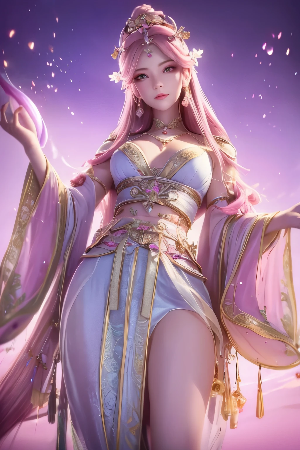 Goddess Descending, the afterglow, the profit, the beautiful woman,Look at the front, the pink background,It's very detailed.with the clearest clarity of.