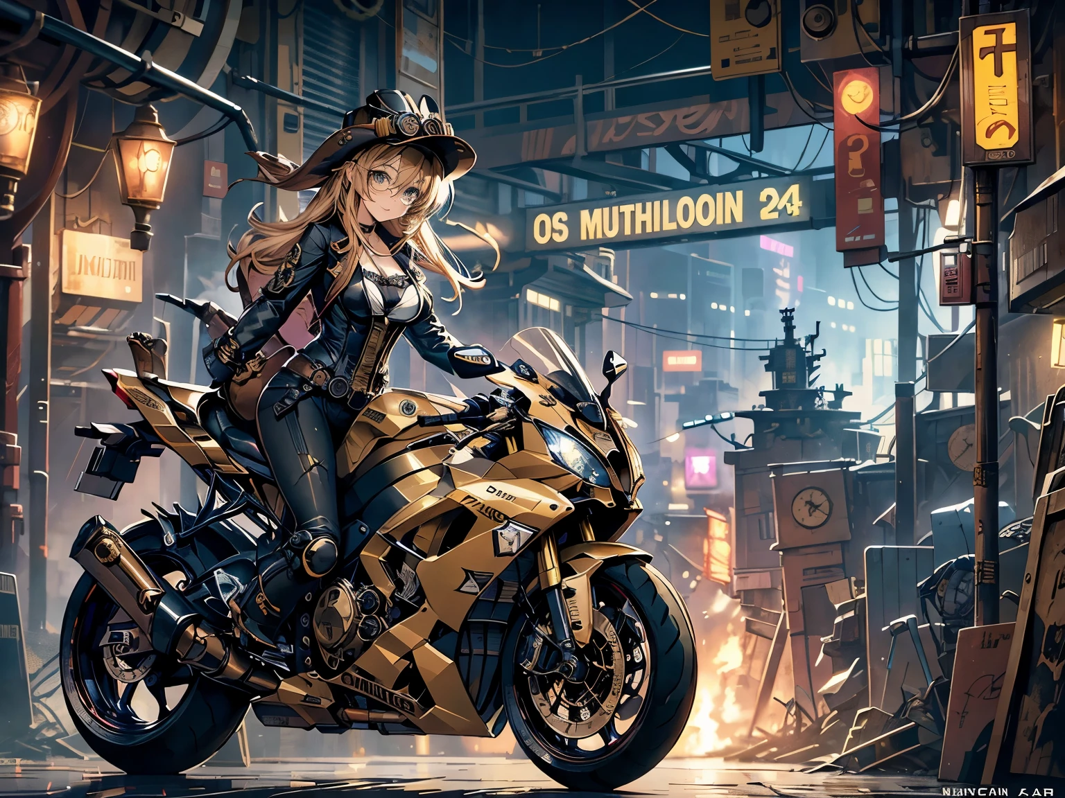 (comic book style),(line drawing_anime),(cowboy shot, highest quality, ),(Laura Budd Photos:1.2),(Laura Add Details:1.0),8K, flat color:0.8,dynamic angle,1 girl,smile、(On a steampunk motorcycle:1.5)、An elaborately decorated motorcycle、(Highly decorative and complex mechanical steampunk fashion, lace flare dolphin hat、goggles 1.5、machinery background、Gear background、Intricately mechanized steampunk cityscape 1.5),