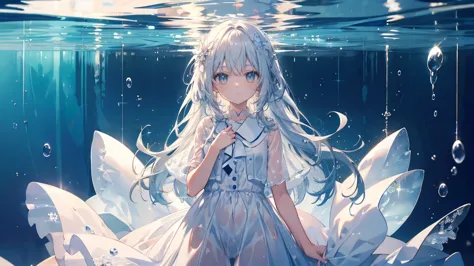 1 girl, clear water, wet with water,transparent clothes,shy,highest image quality,masterpiece,kindergarten children,white clothe...