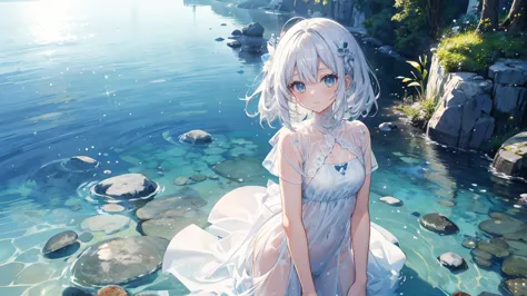 1 girl, clear water, wet with water,transparent clothes,shy,highest image quality,masterpiece,kindergarten children,white clothe...