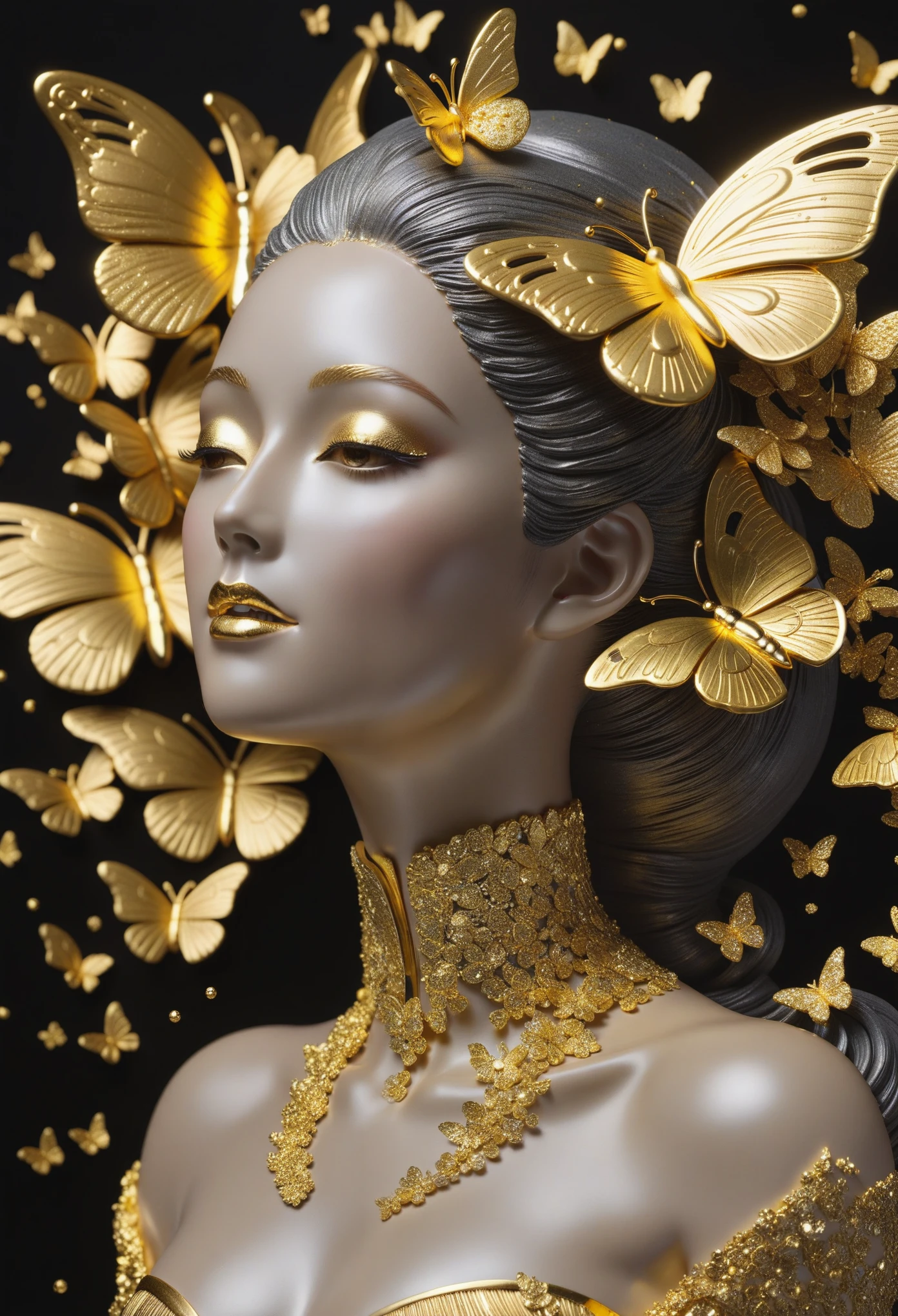 gold leaf art：1.5.Made of platinum，statue，Still Life Table Setting，dark background，Woman portrait sculpture，look up，Golden butterfly on cheek，Hollow butterfly wings，Gold Crumbs，Gold particles，modern style, High resolution, artwork，Advanced complex technology，