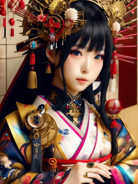 stunning japanese girl in modern fantasy outfit, hyper-realistic character portrait, beautiful blend of traditional and futurist...