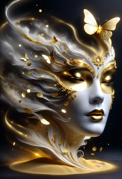 gold leaf art：1.5.Made of platinum，Golden mask，statue，Flowing golden sands，Still Life Table Setting，dark background，Woman portra...