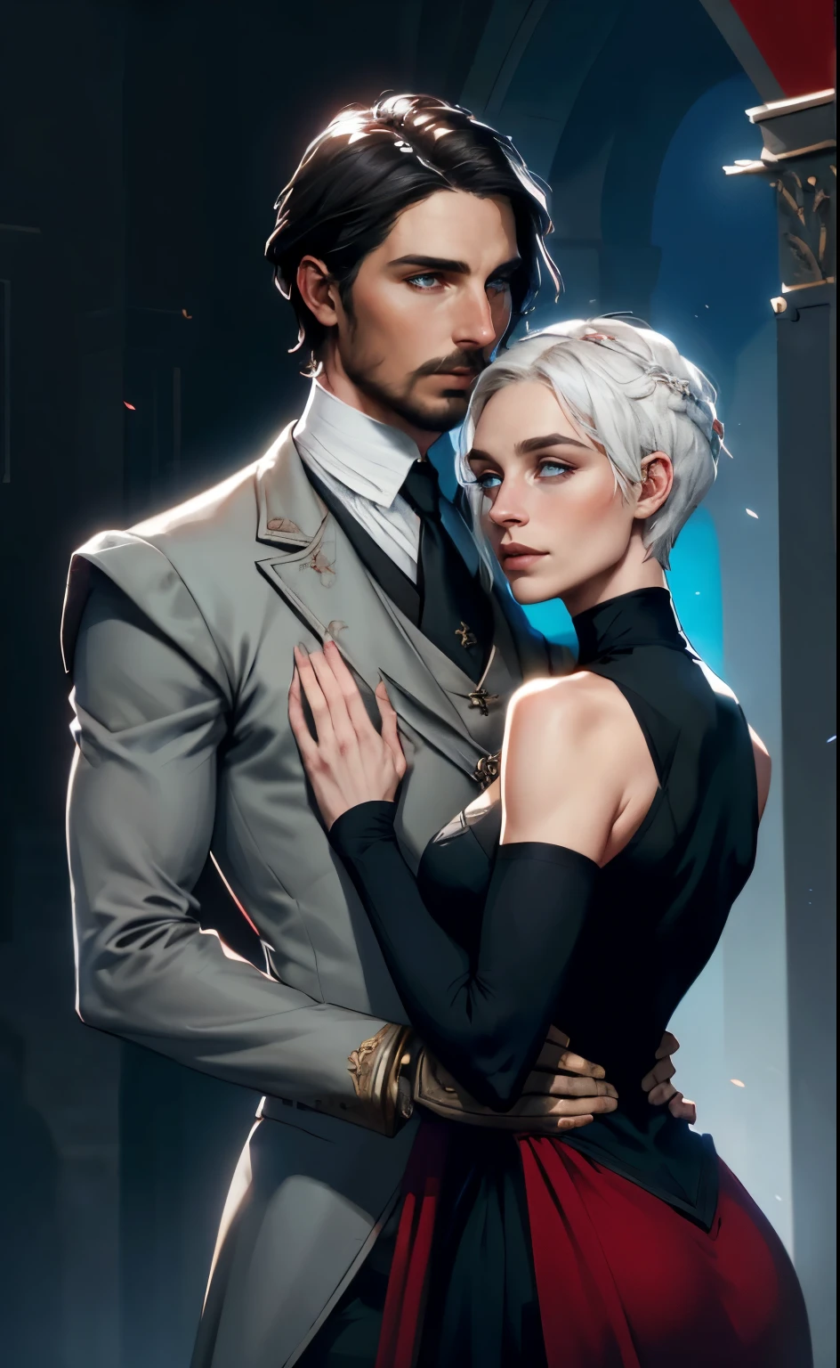 fantasy, red, black, blue and white tones, flowers, a man and a woman look at each other, a man looks like Christian Bale, in the royal uniform of the 19th century of the German Empire, a woman looks like Daenerys, short white hair, sleeveless turtleneck, expressive breasts, hd