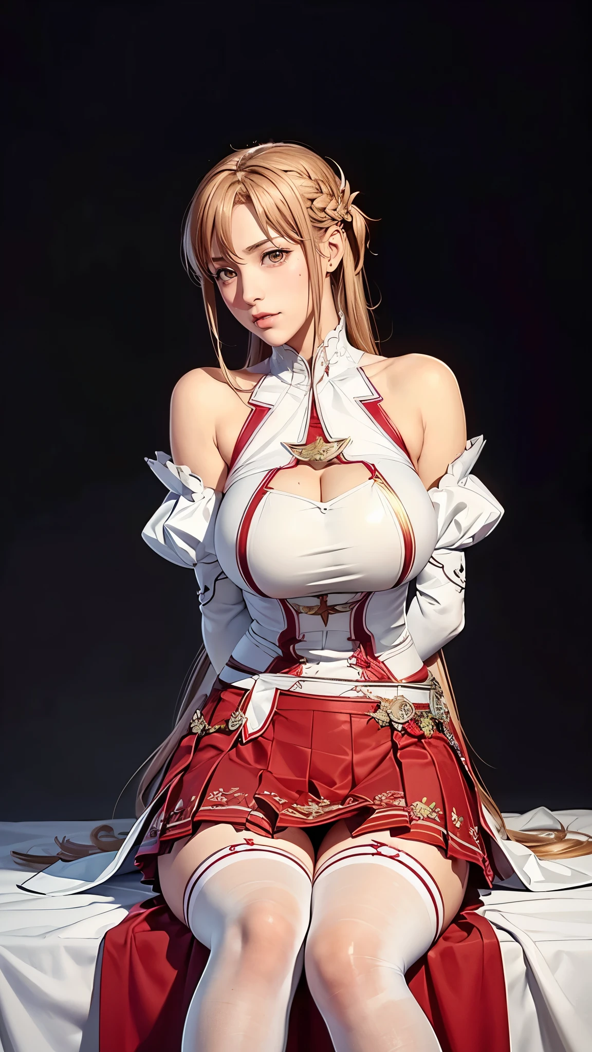 （（（Perfect figure，figure，bare shoulders, armor, breastplate, white sleeves, detached sleeves, red skirt, pleated skirt,white thighhighs, （（（aaasuna, long hair, brown hair, braid, brown eyes, ）））((masterpiece)),high resolution, ((Best quality at best))，masterpiece，quality，Best quality，（（（ Exquisite facial features，looking at the audience,There is light in the eyes，(Blushing and shyness)，））），型figure:1.7））），（（（Interlacing of light and shadow，huge boobs））），（（（looking into camera，black background，Bend forward)）））