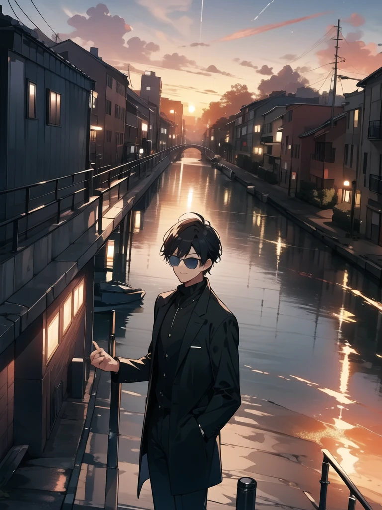 4boy,(masterpiece:1.3), (High resolution), (8K), (very detailed), backwards, sunset on the backgroundの街中, backwards,turned away, sunset on the background, The background is the roof of the school, ベンチでsit, Young man with asymmetrical wine-red hair wearing sunglasses with bad friends, sit　black-haired young man　sit and anime scene of a group of people sitting on a dock, Watching the sunset. anime, 4K Manga Wallpaper, today's featured anime still, 4k anime wallpaper, watch the sunset, beautiful anime scene, Afternoon Gathering, anime wallpaper 4 k, anime wallpaper 4k, makoto shinkai cyril rolando, Gweitz-style artwork and cowboy shots, looking at the viewer, and ５two-fingered hand,(background blur), ((holographic)),milky way, (stripes of light), impressive visuals, (dynamic streak, path of light:1.2), bright colors