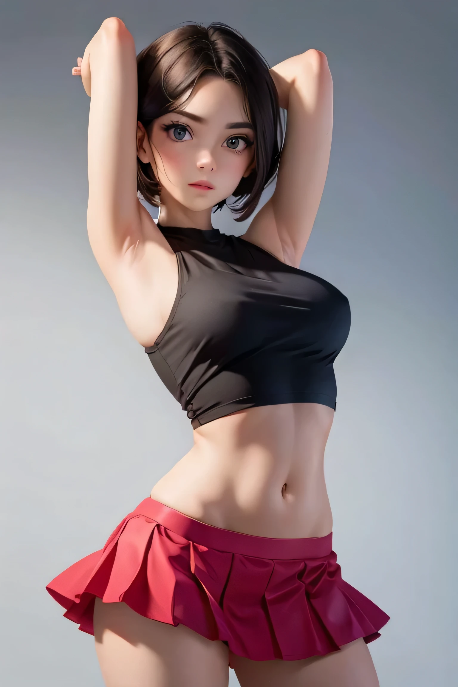 girl,wearing mini skirt,showing armpit,very beautiful face,photorealistic,ultra high quality.
