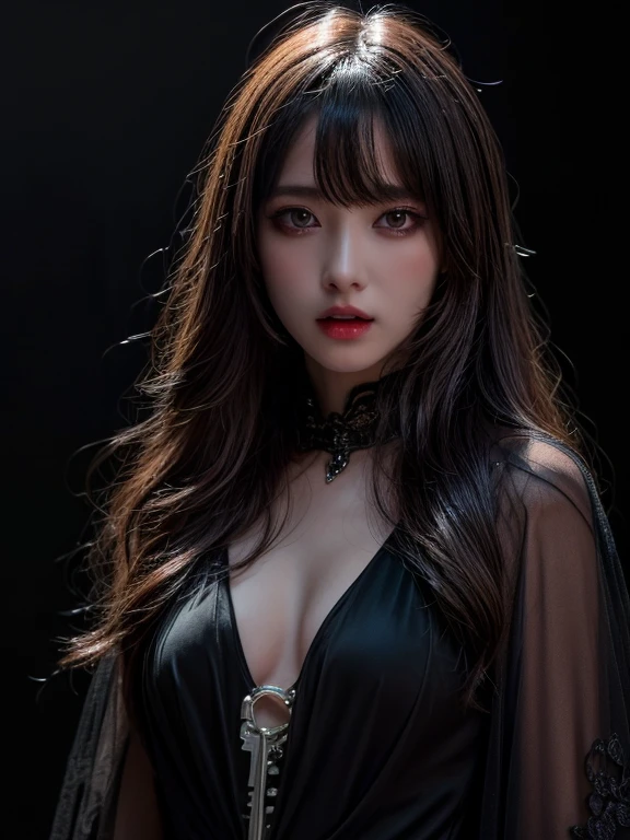 highest quality, masterpiece, ultra high resolution, (realistic:1.5), Raw photo, 1 girl, The finest luxury dresses 1.5,Black Dress 1.5(( in the dark, deep shadow, private key)), cold light, sexy look, small breasts、long hair