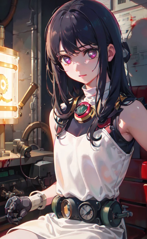 highest quality, masterpiece, ultra high resolution, (realistic: 1.4), Raw photo, 1 girl, black hair, Glossy skin, 1 Mechanical Girl, No sexy, (Super realistic details)), portrait, global illumination, Shadow, octane rendering, 8K, super sharp, big, Cleavage exposed raw skin, Metal, Intricate ornament details, steampunk detail, vacuum tube, nixie tube, Oil Pressure Gauge, Glass tube, analog meter, gear, gear, golden hydraulic cylinder, very intricate details, realistic light, CG Society Trends, purple eyes, shining eyes, towards the camera, neon details, mechanical limbs, blood vessels connected to tubes, mechanical vertebrae attached to the back, Mechanical cervical attachment to the neck, sitting, Wires and cables connecting to the head, gundam, small led lamp,