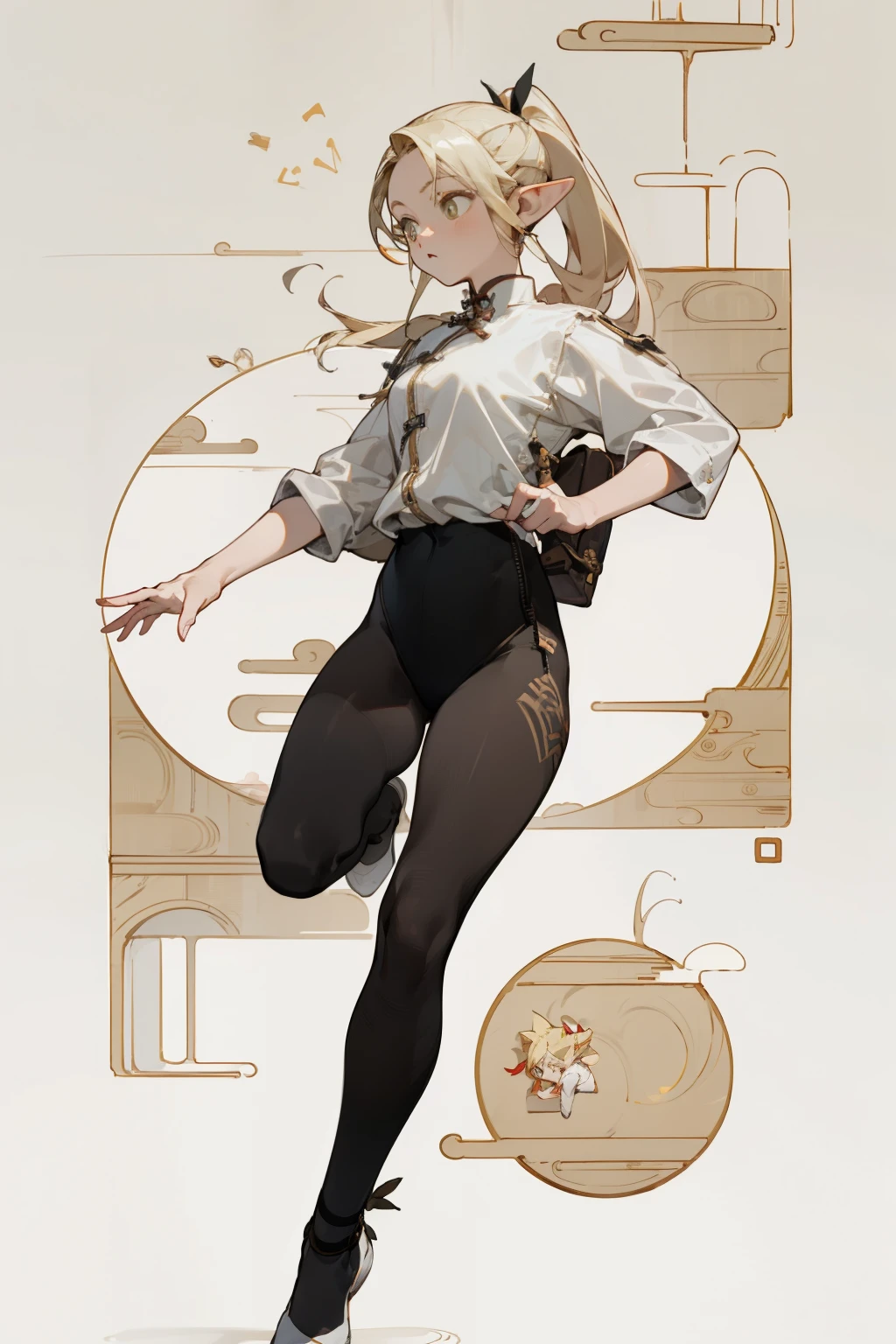 (masterpiece, best quality) detailed, Wearing black tights, silver accessories , The zipper is not closed , bionde ,elegant, Pointed ears ，whole body，Chinese element pattern，thigh，Leaking thigh，White shirt