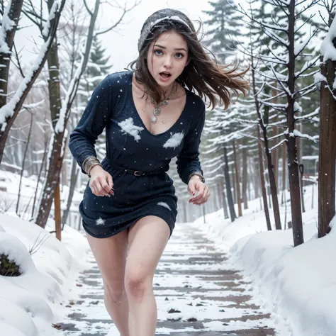 Masterpiece, Best Quality, Russian gorgeous woman 64 years old running through the forest through snowdrifts, bare footed, Blond...