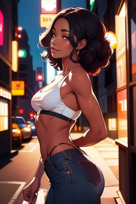 cute black woman, long curly dark hair, ((dark skin)), black skin, woman in a New York alley, shops, illuminated signs, night, g...