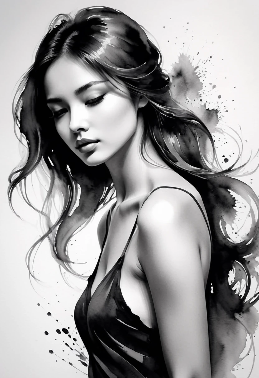 girl，ink painting，Gentle brushstrokes，Draw delicate lines with a pen，Fluid Action，Subtle ink shades，elegant posture，peaceful look，delicate features，black and white，clean