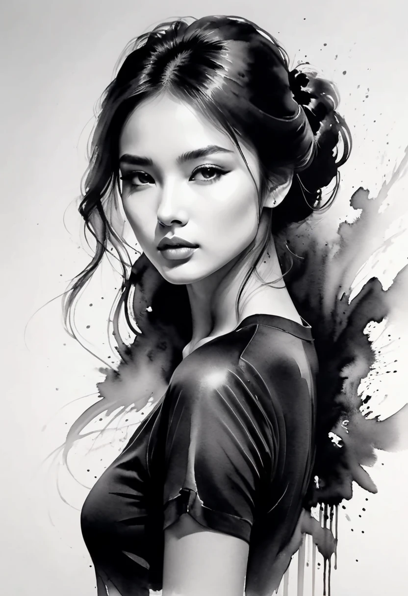 girl，ink painting，Gentle brushstrokes，Draw delicate lines with a pen，Fluid Action，Subtle ink shades，elegant posture，peaceful look，delicate features，black and white，clean