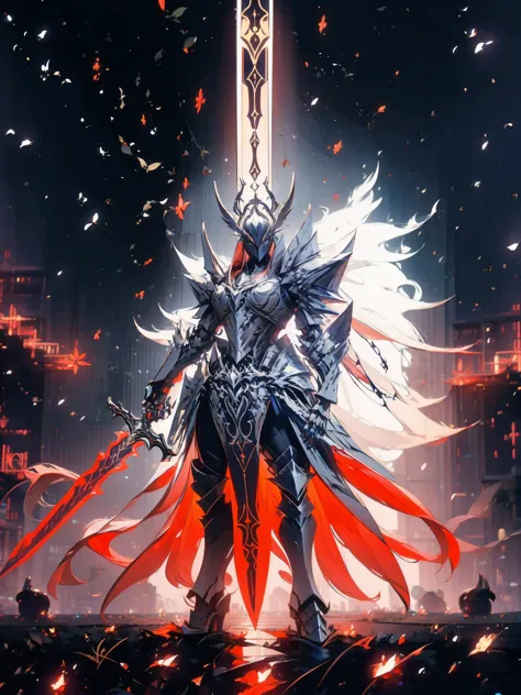 Cavaleiro Arafed parado em um quarto escuro com uma espada, armadura queimada, armadura refletida de cor de fogo preto, bioarmad...