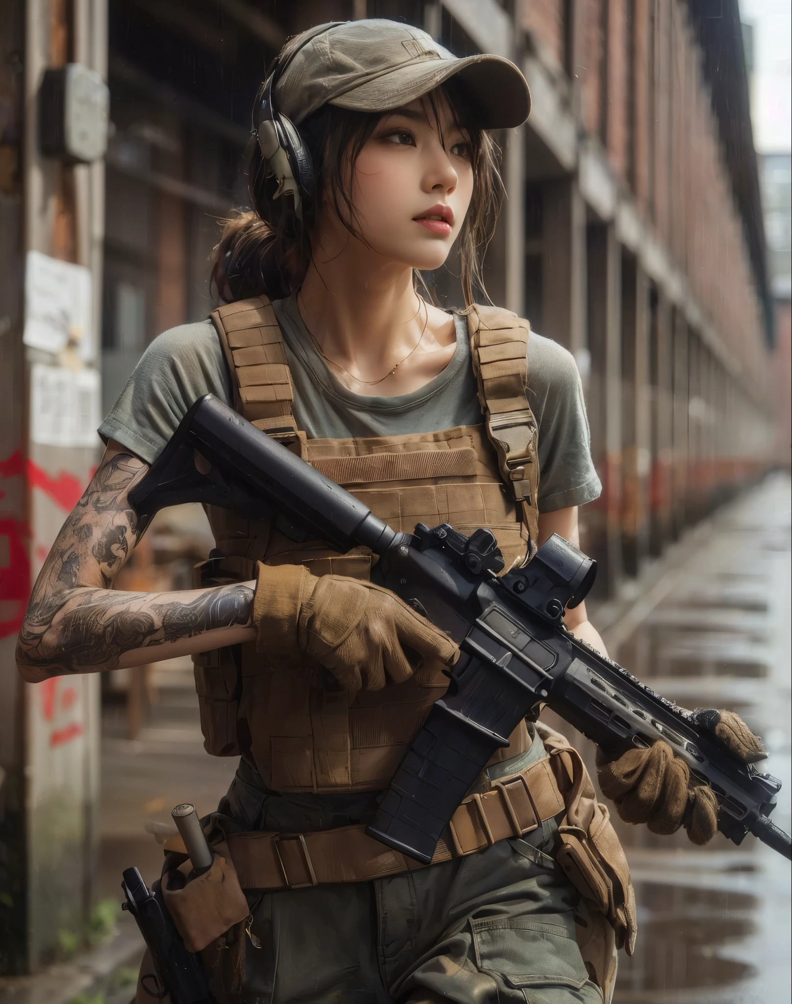 (best quality,8k,photorealistic:1.37),realistic skin texture, beautiful Japanese female marine, aiming with an assault rifle, old warehouse district by the harbor, green t-shirt, cap, braided hair, military pants, boots, dynamic pose, running along the warehouse wall, gunfight, daring assault, tattoos, getting wet in the rain, thunderstorm, toned body, muscles, anger, bold composition