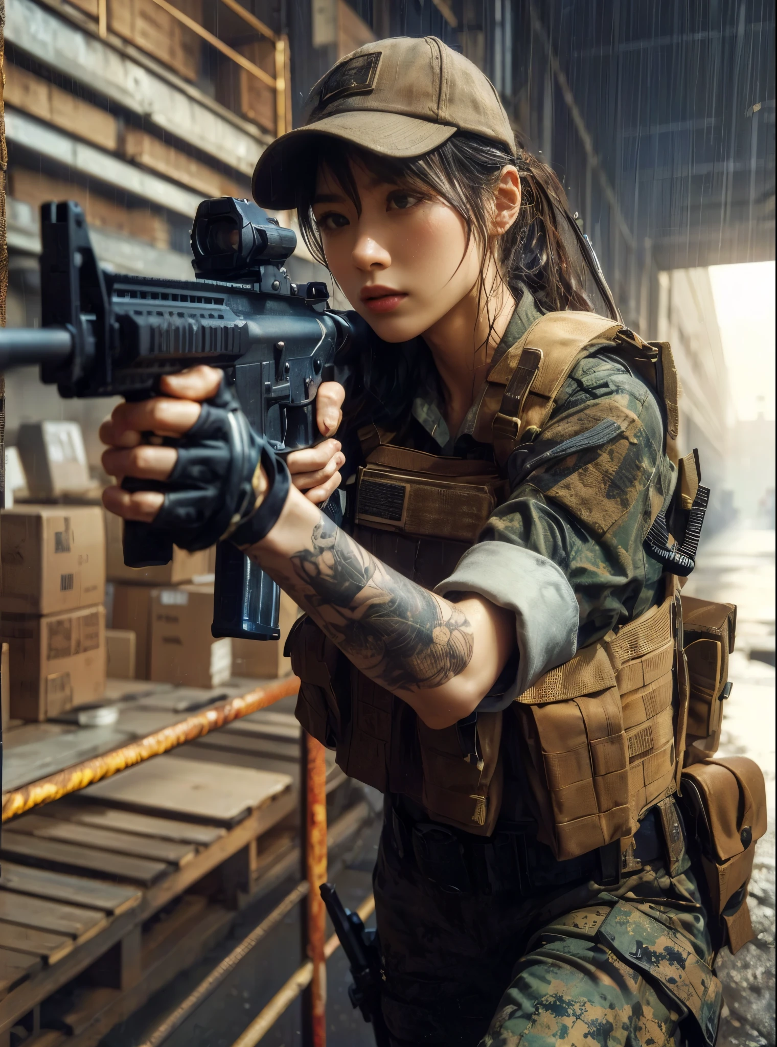 (best quality,8k,photorealistic:1.37),realistic skin texture, beautiful Japanese female marine, aiming with an assault rifle, old warehouse district by the harbor, green t-shirt, cap, braided hair, military pants, boots, dynamic pose, running along the warehouse wall, gunfight, daring assault, tattoos, getting wet in the rain, thunderstorm, toned body, muscles, anger, bold composition