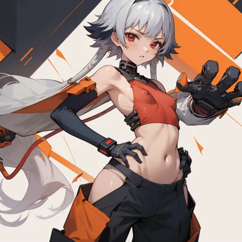 ((highest quality)), ((masterpiece)), (become familiar with),  1 girl, alone, silver hair,brown skin,red eyes,long pants,red sle...