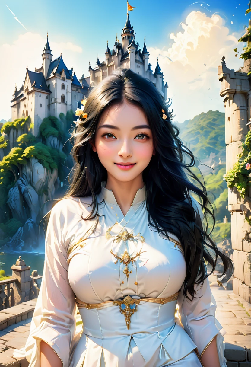 A beautiful girl with long black hair, in front of castle. in white, innocent smile, ultra detail, full color, high resolution, high detail, high quality, high definition, high sharpness, high contrast. It is a masterpiece with high dynamic range, appearing hyperrealistic, like photography or photorealism. The digital art uses octane render with volumetric light and a bright background. Cinematic lighting and vibrant colors give it a fantasy art style.
