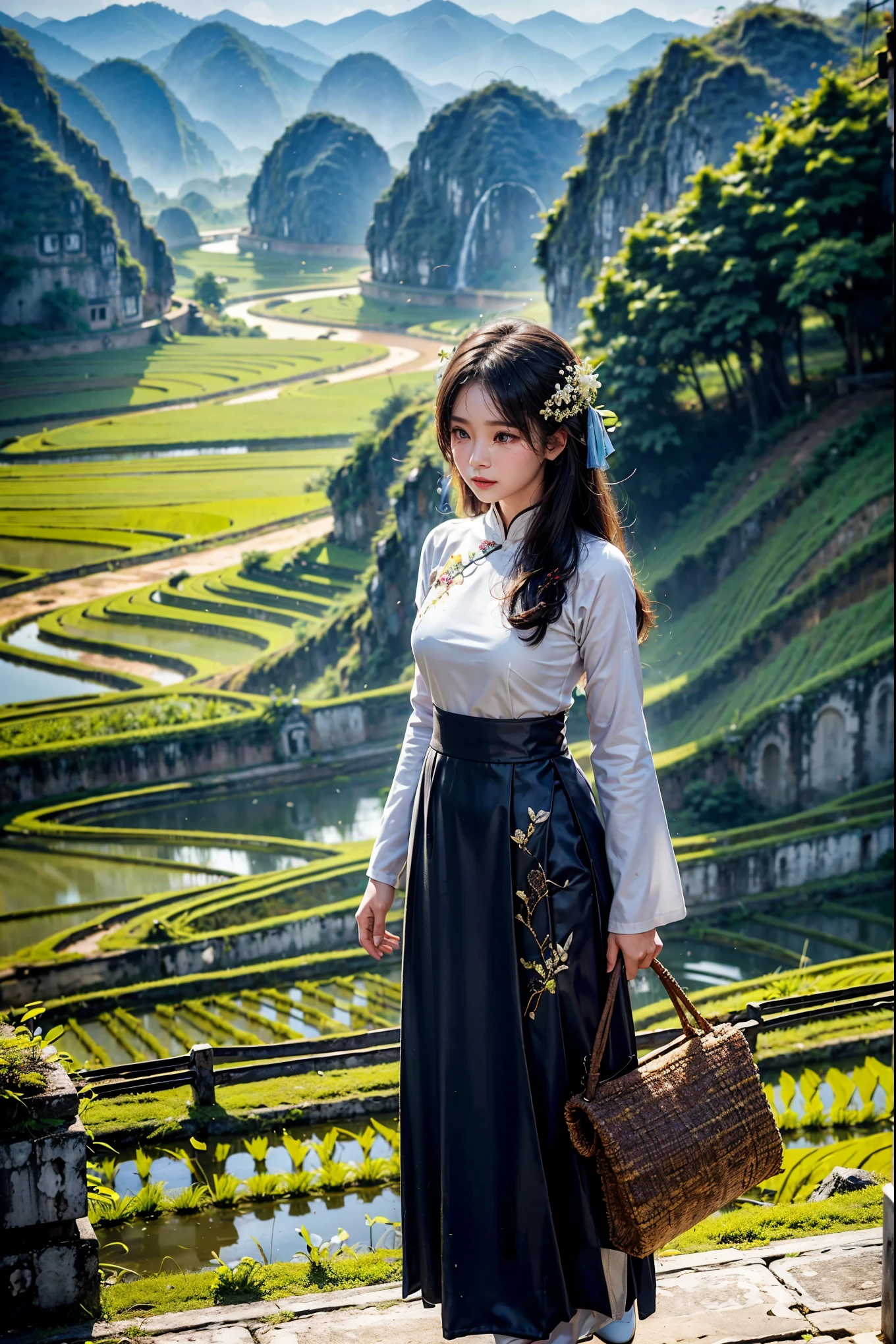 ((A beautiful picture depicting a Vietnamese hometown)), The focus of the scene is on a field with steps leading up to a staircase. In the field, there are Vietnamese farmers working diligently. The atmosphere is filled with the warm glow of beautiful sunshine, creating a cinematic lighting effect. The image is captured using a Sony FE GM lens, which ensures high-quality visuals. The composition of the image is a wide shot, showcasing the vastness and beauty of the landscape. capturing the essence of everyday life. The level of detail in this artwork is exceptionally high, allowing for a realistic and immersive experience. The color palette is vibrant and vivid, enhancing the visual impact. (Asia), ((Vietnam)), ((Vietnam's traditional Ao Dai)), (beautiful Vietnamese women), water buffaloes, ((rice farm)), great mountains, ((shoulder level shot)),
