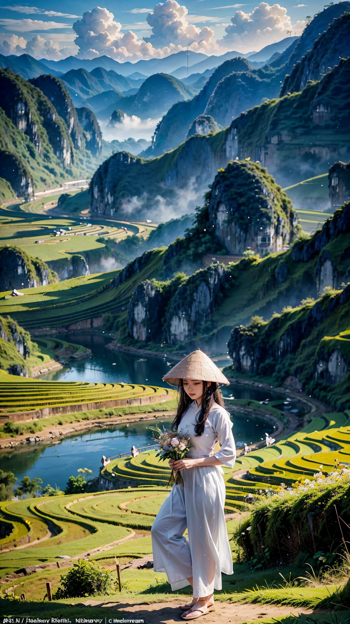 ((A beautiful picture depicting a Vietnamese hometown)), The focus of the scene is on a field with steps leading up to a staircase. In the field, there are Vietnamese farmers working diligently. The atmosphere is filled with the warm glow of beautiful sunshine, creating a cinematic lighting effect. The image is captured using a Sony FE GM lens, which ensures high-quality visuals. The composition of the image is a wide shot, showcasing the vastness and beauty of the landscape. capturing the essence of everyday life. The level of detail in this artwork is exceptionally high, allowing for a realistic and immersive experience. The color palette is vibrant and vivid, enhancing the visual impact. (Asia), ((Vietnam)), ((Vietnam's traditional Ao Dai)), (beautiful Vietnamese women), water buffaloes, ((rice farm)), great mountains, ((shoulder level shot)),
