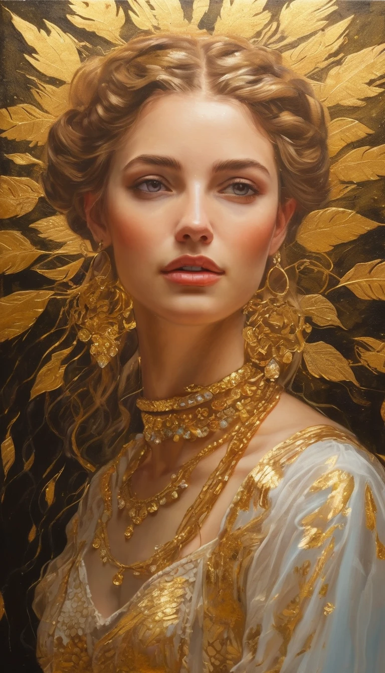(gold leaf art:1.2), soft oil painting with elements of glued gold flakes, Superb masterpiece, upper body, (adult: 1.6) Polish woman, (giggle: 0.4), slavic type of beauty, arms behind the head, golden braids, sparkling eyes, Victorian sun dress, floating light particles, centered, added facial detail
