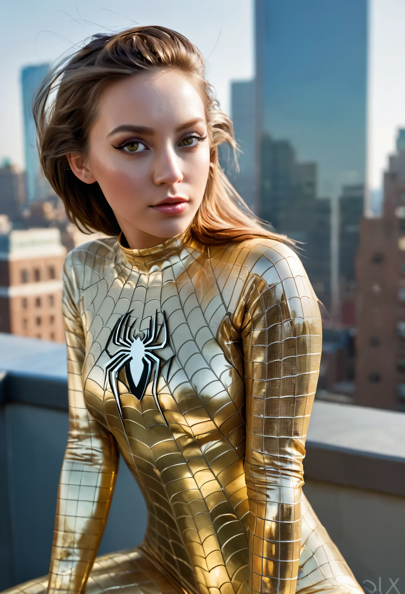 (1girl: 1.3)a beautiful woman, dressed in the golden spiderman costume, (((Very detailed face)))), ((Very detailed eyes and face)))), Beautiful detailed eyes, Body parts__, Official art , Unified 8k wallpaper, Super detailed , beautiful and beautiful, beautiful, masterpiece, best quality, original, masterpiece, super fine photo, best quality, super high resolution, realistic realism, sunlight, full body portrait, incredible beauty, dynamic pose, delicate face , vibrant eyes, (from the front), She wears Spider-Man suit, red and black color scheme, spider, very detailed city roof background, roof, overlooking the city, detailed face, detailed complex busy background, messy, beautiful, milky white, highly detailed skin, realistic skin details, visible pores, clear focus, volumetric haze, 8k uhd, DSLR, high quality, film grain, clear skin, photo realism, lomography, futuristic dystopian megalopolis, translucent