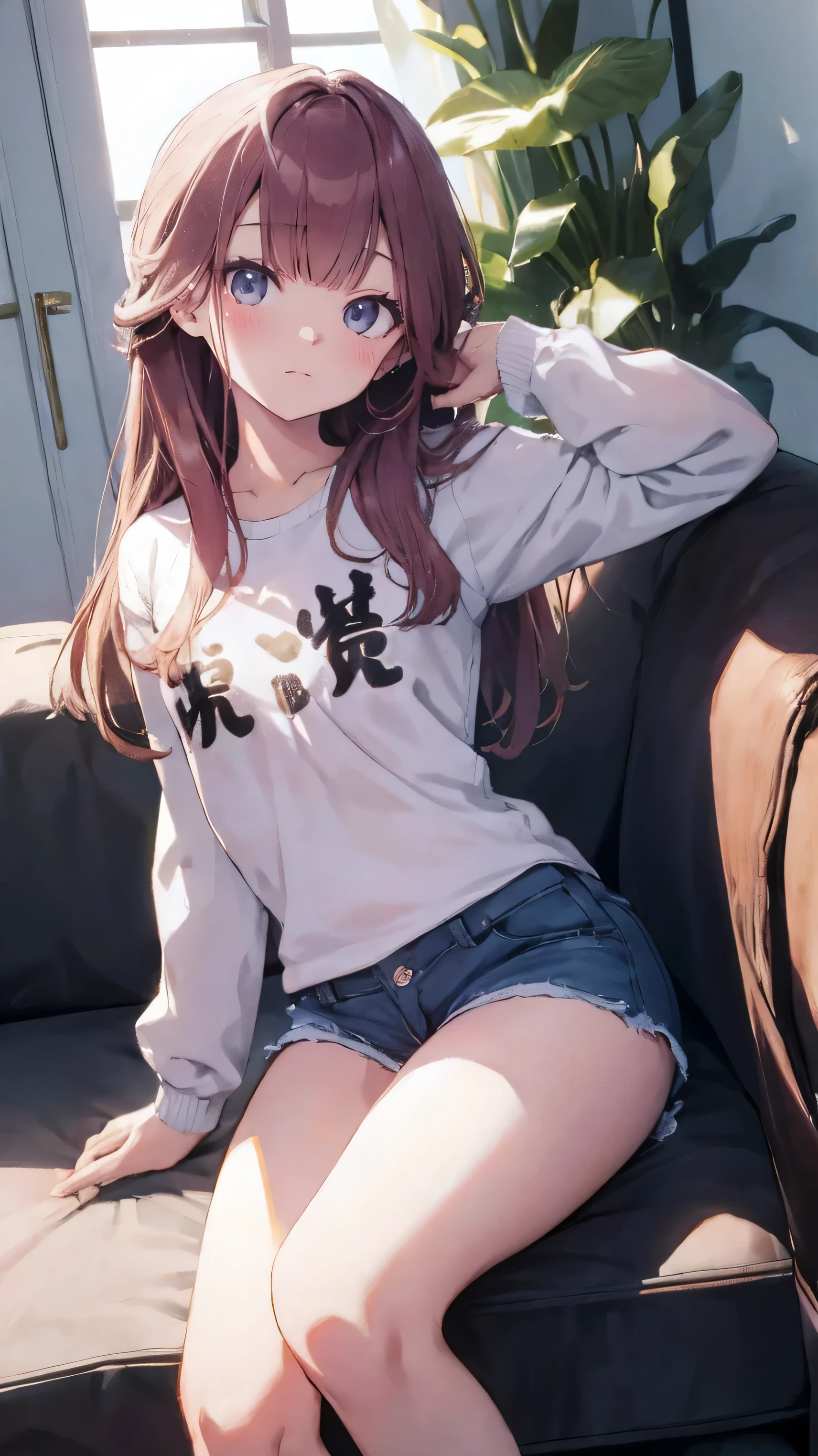 Anime girl sitting on a couch with her legs crossed - SeaArt AI