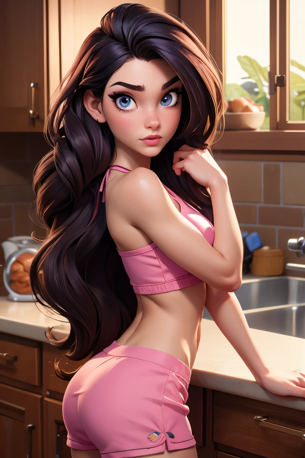 obra maestra, CRUDO, hermoso arte, artista profesional, 8K, cara muy detallada, cabello muy detallado, 1 chica, Vanessa Doofenshmirtz, vistiendo pantalones cortos de pijama ajustados y una camiseta sin mangas de pijama ajustada, apoyando su sexy culo contra el mostrador de la cocina, perfectly dCRUDOn body, Hermoso rostro, pelo largo, ojos muy detallados, mordiéndose el labio sugestivamente, mejillas rosadas, detalles intrincados en los ojos, mirando directamente al espectador , enamorado de la expresión del espectador, labios fruncidos