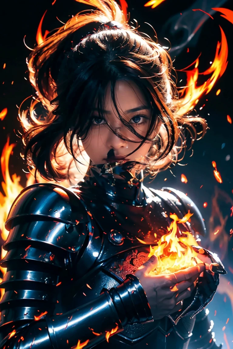 highest quality, Super detailed, (ultra high resolution,8K), Ultra-high definition 4K, Proper Lighting, realistic texture, movie light effects, (perfect anatomy, anatomically accurate), (One woman with big breasts has sexy charm), (Paladin), (Beautiful armor of hellfire that covers the whole body:1.6), (sharp look), ((flaming cloak)), (surrounded by detailed flames:1.5), silver hair, (ponytail), (dynamic composition), High-definition facial beauty, (Beautiful blue eyes like sapphires), (open your mouth), photorealistic, shiny skin, (fine-textured skin,hair ), Magma erupting with force, Crystal clear and clean water, (((midnight, dark))), (Decisive pose:1.3), (Hold a detailed beautiful sword), fire,floating,flame,magic,glowing, shinkai makoto