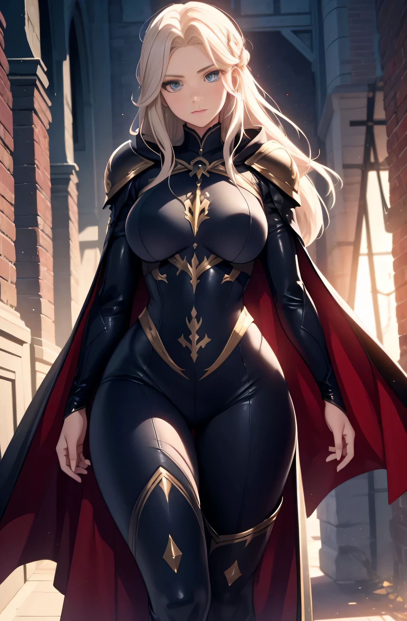 high priestess，Robe，mature woman, female，voluptuous figure，tightsuit，blonde hair, Female, alone, paladin of light, human, light powers, expert fighter, detailed eyes, beautifull face, long hair, defined body, yellow and bright eyes, thick legs, strong legs, tall, Voluptuous legs, black armor, female paladin, huge ass, big hip, big ass, wearing black coat, black and red robes, detailed eyes, big hips, medium armor, tall girl,