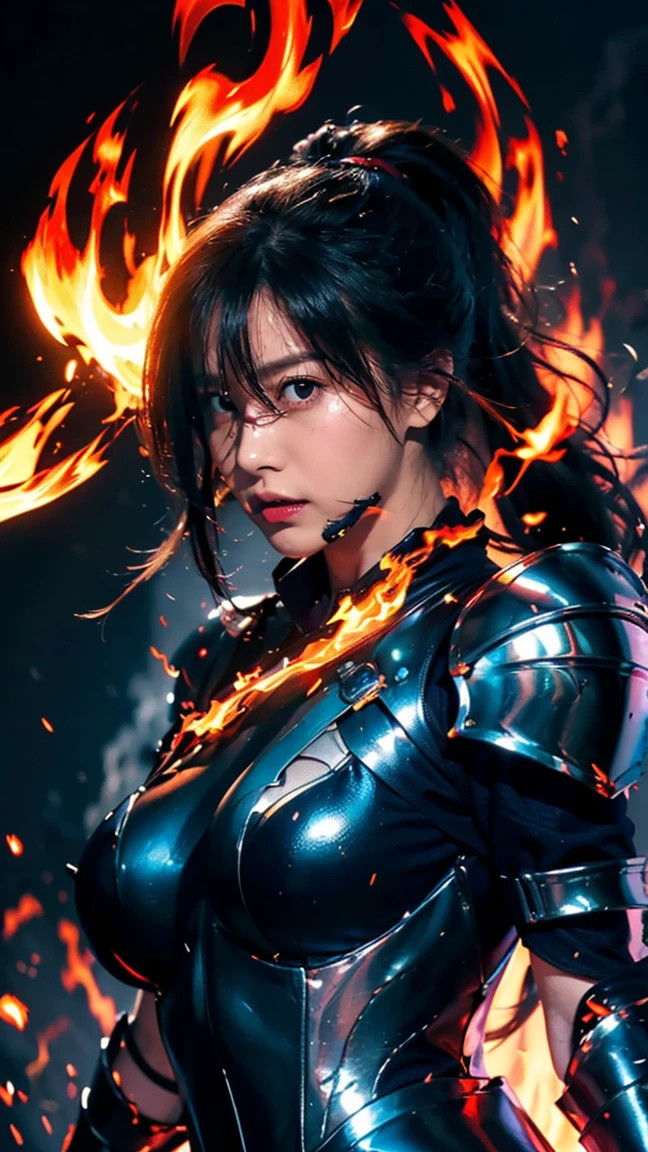 highest quality, Super detailed, (ultra high resolution,8K), Ultra-high definition 4K, Proper Lighting, realistic texture, movie light effects, (perfect anatomy, anatomically accurate), (One woman with big breasts has sexy charm), (Paladin), (Beautiful armor of hellfire that covers the whole body:1.6), (sharp look), ((flaming cloak)), (surrounded by detailed flames:1.5), silver hair, (ponytail), (dynamic composition), High-definition facial beauty, (Beautiful blue eyes like sapphires), (open your mouth), photorealistic, shiny skin, (fine-textured skin,hair ), Magma erupting with force, Crystal clear and clean water, (((midnight, dark))), (Decisive pose:1.3), (Hold a detailed beautiful sword), fire,floating,flame,magic,glowing, shinkai makoto