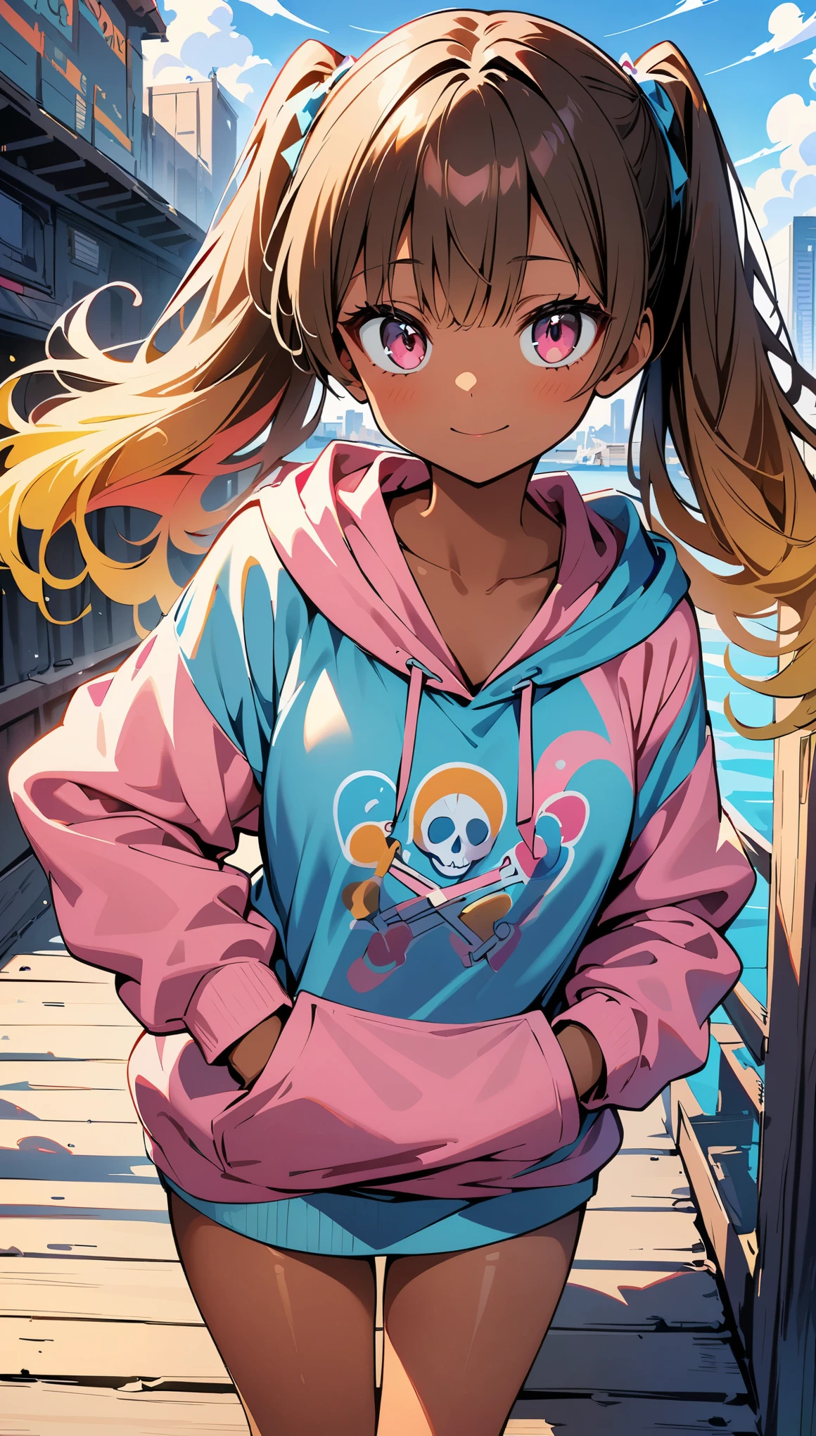 (high quality, 8K, 4k, high contrast, masterpiece:1.2, 最high quality, best aesthetics), , one person, cowboy shot, oversized hoodie, Pastel pink and blue hoodie, half aqua, Half pink, ((brown hair)), (yellow hair), (gradient hair :1.5), twin tails, ((pink eyes)), highly detailed eyes, tan, (dark caramel skin:1.1), Comic book style shading, spray paint effect, cartoon elements, Skeleton illustration, Colorful lettering and illustration of pier, urban background.