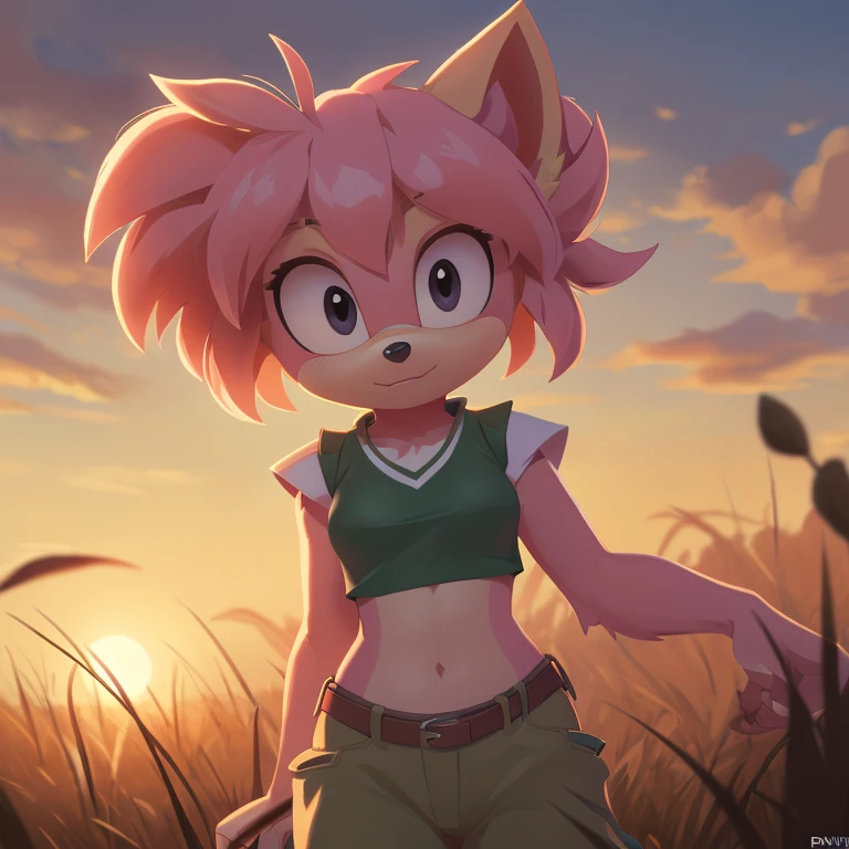 ((Highly detailed)), ((Perfect quality)), ((studio quality)), ((Masterpiece)), ((highres)), ((8k uhd)), ((Good face)), ((Good anatomy)), (((4k))), female hedgehog with light pink fur and tan skin, fluffy bangs, black eyes, small breasts, in the African savanna, golden hour, dim lighting, wearing a dark green cropped vest, and beige cargo pants