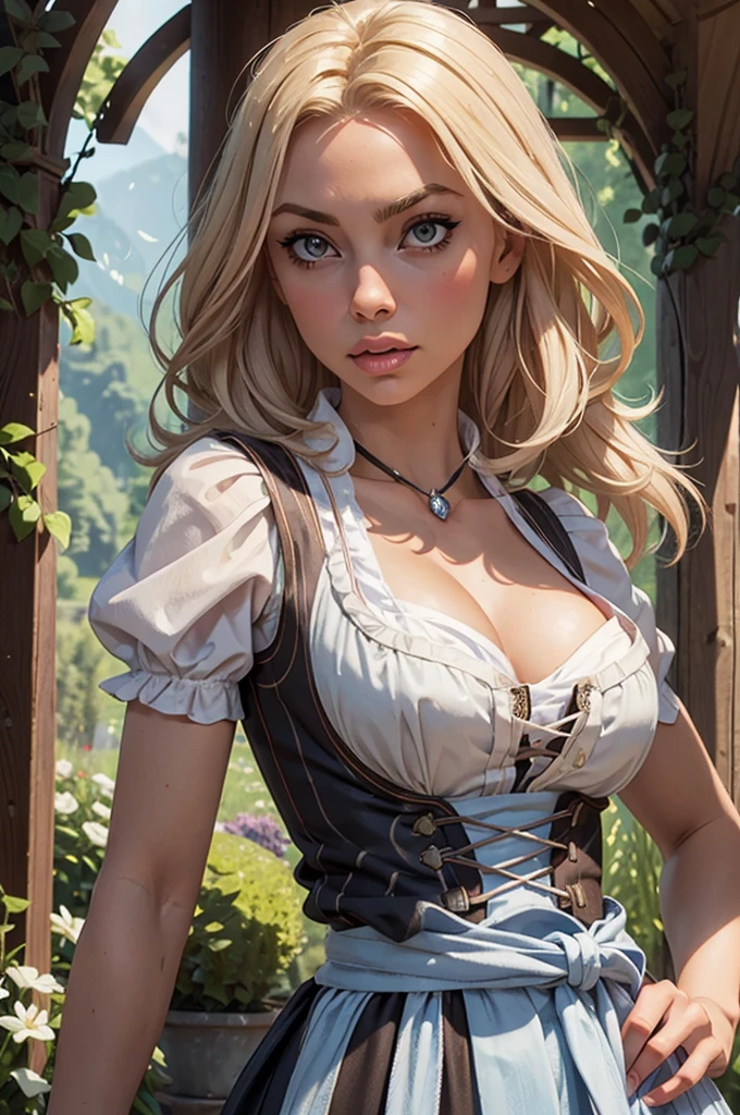 1girl, (Laura Vandervoort:1.2), realistic, photorealistic, graphic novel, impossible clothes, thick lips, full lips, big lips, (surprised:1.2), (shocked:1.2), [blonde hair|silver hair], two-tone hair, shiny hair, sunbeam, god-rays, bursting breasts, ambient light, rim-light, rimlighting, backlighting, realistic, (photorealistic:1.1), (lineart:0.8) irndl, a woman in traditional bavarian dress Standing poses for a picture , german woman, wearing a dirndl,
