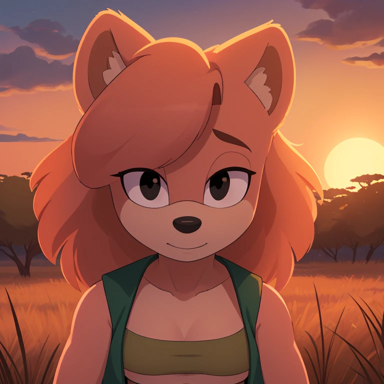 ((Highly detailed)), ((Perfect quality)), ((studio quality)), ((Masterpiece)), ((highres)), ((8k uhd)), ((Good face)), ((Good anatomy)), (((4k))), female hedgehog with light pink fur and tan skin, fluffy bangs, black eyes, small breasts, in the African savanna, golden hour, dim lighting, wearing a dark green cropped vest, and beige cargo pants