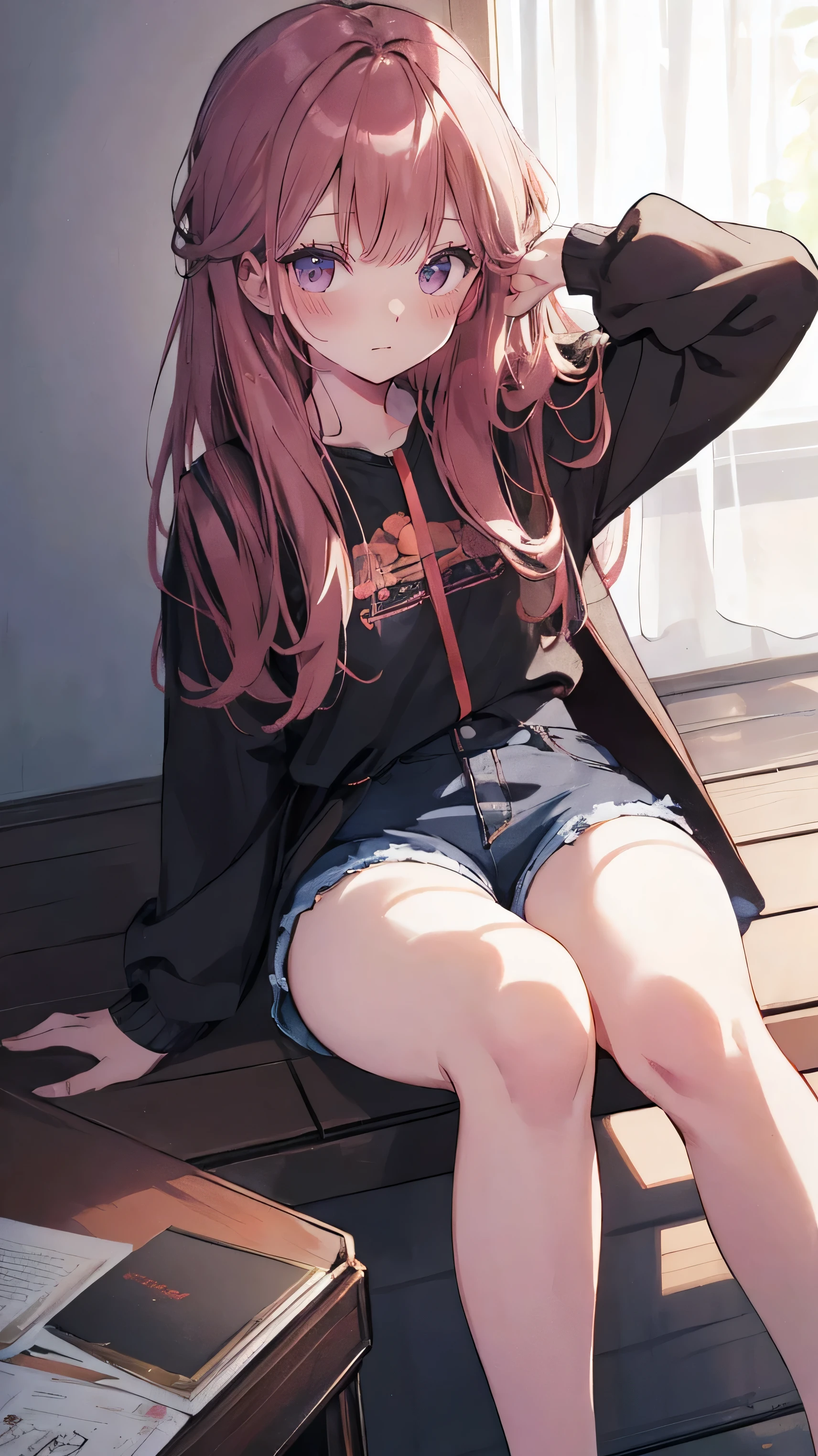 Anime girl sitting on a bench with her legs crossed - SeaArt AI