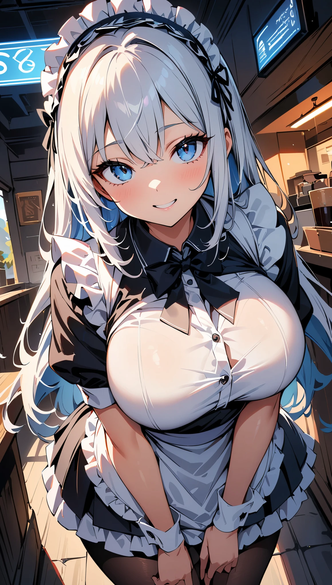 (high quality, 8K, 4k, high contrast, masterpiece:1.2, 最high quality, best aesthetics), , maid, very detailed, Seductive and erotic girl with lace headdress, smile, (Big breasts, Silver fur), Focus on the face, Focused on the face, complicated eyes, tights, laced tights, coffee shop, ground angle shot, Viewer looking up, feet in tights, 