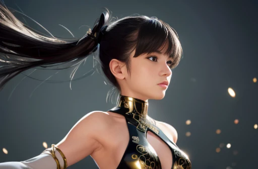 (((Girl fighting with one-handed sword))), Uplifting, (highest quality), (masterpiece) perfect style, ((A beautiful body that is partly mechanical)), (((Thin see-through bodysuit, Golden pattern))), Upper body, looking at the camera, long flowing black hair, ponytail, Long black hair dancing in the wind, beautiful detailed eyes, pale hue, Precise as a photo, A full moon in a starry sky, pale hue, monochrome