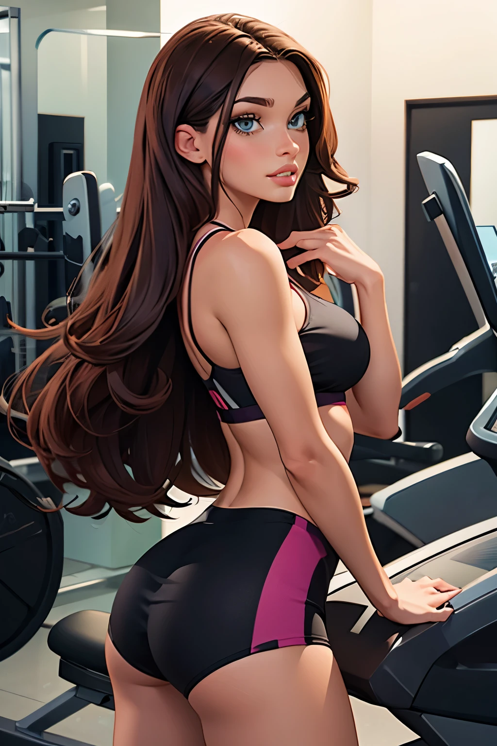 Masterpiece, raw, beautiful art, professional artist, 8k, very detailed face, very detailed hair, 1girl, Vanessa Doofenshmirtz, wearing tight yoga shorts and sports bra, in the gym, looking at herself in the mirror, showing off her sexy ass, biting her lip, perfectly drawn body, beautiful face, long hair, very detailed eyes, rosey cheeks, intricate details in eyes, perfect lips