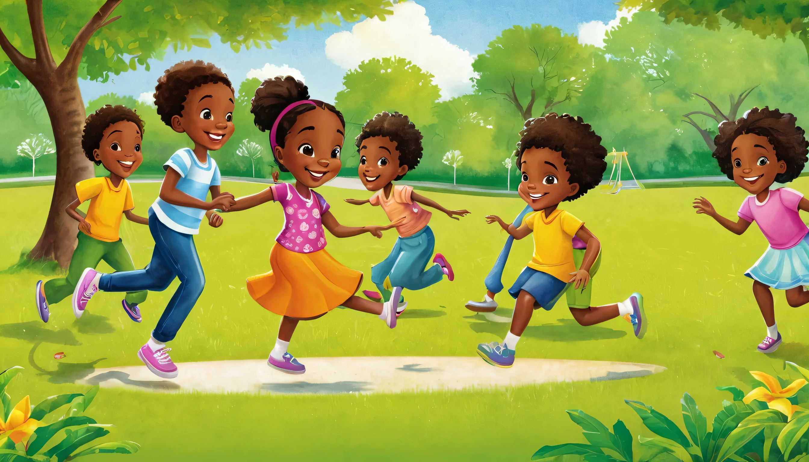 アフリカ系アメリカ人の子供向けストーリーブックのイラストをデザイン 子供たちが公園で遊んでいます
