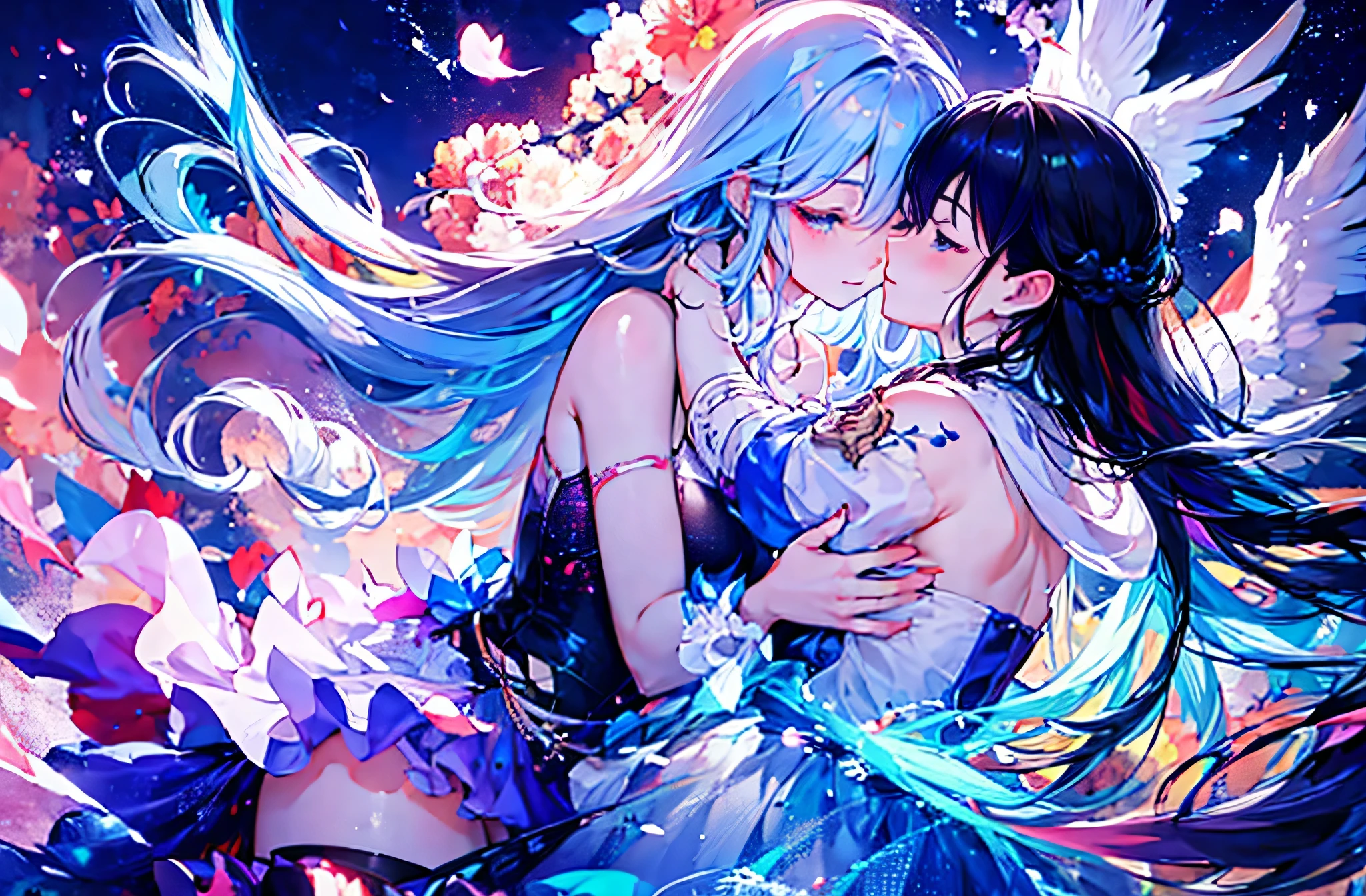 日本卡通, a couple of 日本卡通 characters hugging each other in the sky, 古韋茲 on pixiv artstation, 古韋茲, WLOP 和 Sakimichan, pixiv 上的數位藝術, 古韋茲 on artstation pixiv, pixiv上評分最高, cgstation 上的熱門話題, artstation pixiv 上的熱門話題, beautiful fantasy 日本卡通