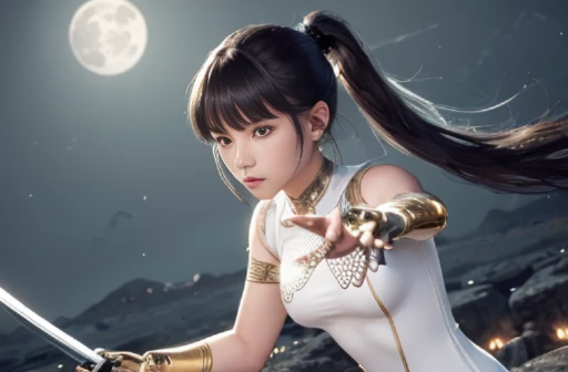 (((Girl fighting with one-handed sword))), Uplifting, (highest quality), (masterpiece) perfect style, ((A beautiful body that is partly mechanical)), (((Thin see-through bodysuit, Golden pattern))), Upper body, looking at the camera, long flowing black hair, ponytail, Long black hair dancing in the wind, beautiful detailed eyes, pale hue, Precise as a photo, A full moon in a starry sky, pale hue, monochrome