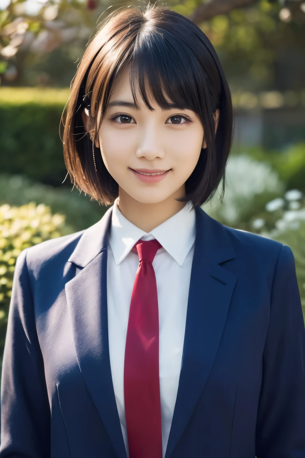 1 girl, (White collared shirt with long red tie, Navy blue jacket:1.3), Very beautiful Japanese idol portraits, 
(Raw photo, highest quality), (realistic, Photoreal:1.4), (masterpiece), 
very delicate and beautiful, very detailed, 2k wallpaper, wonderful, finely, Very detailed CG Unity 8k 壁紙, Super detailed, High resolution, soft light, 
beautiful detailed girl, very detailed目と顔, beautifully detailed nose, Finely beautiful eyes, cinematic lighting, 
(in the garden:1.3),
(short hair), (parted bangs), 
complete anatomy, slender body, small breasts, smile