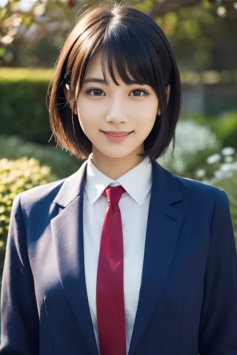 1 girl, (White collared shirt with long red tie, Navy blue jacket:1.3), Very beautiful Japanese idol portraits, 
(Raw photo, hig...