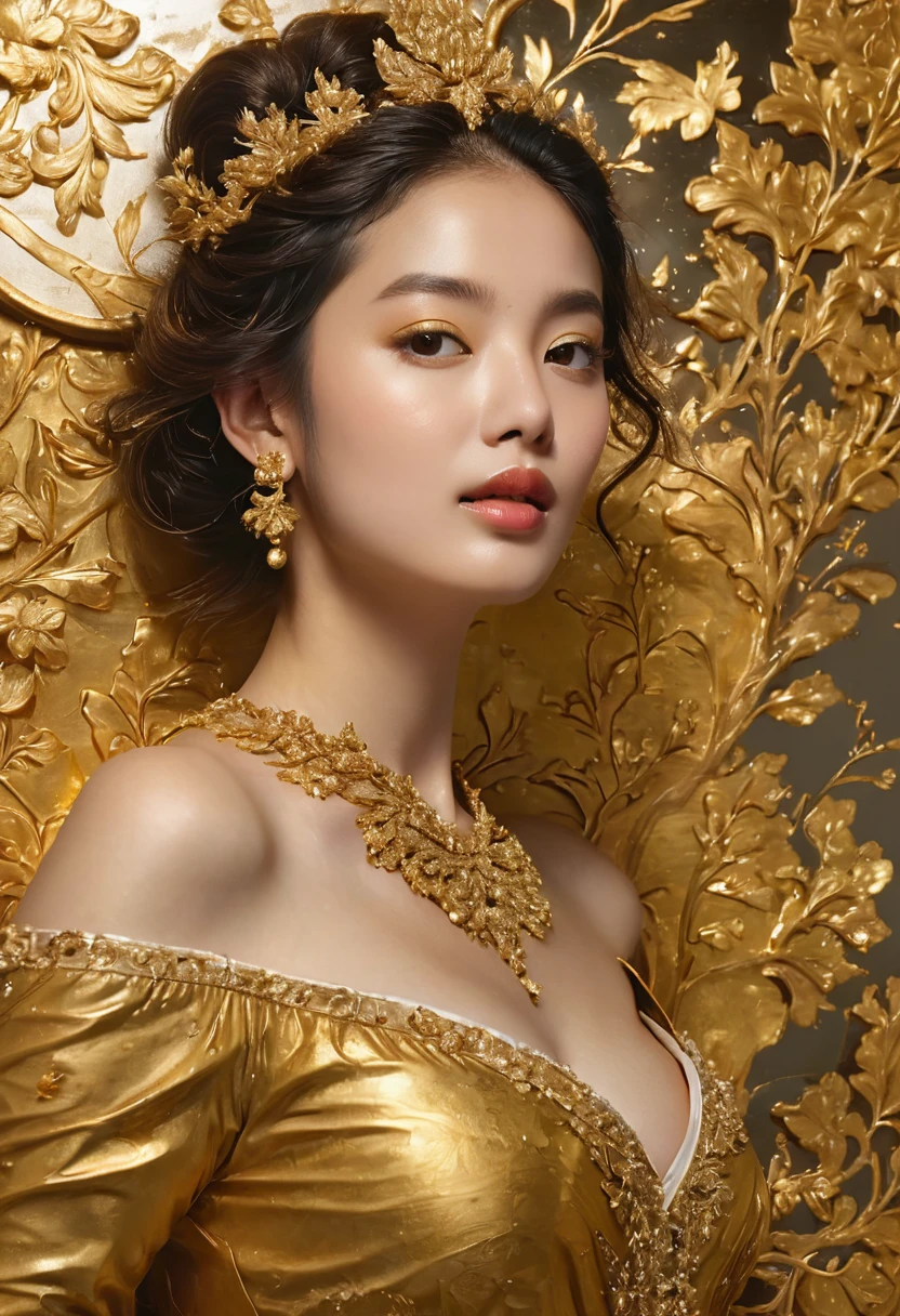 1girl, Gold Leaf Art, goldcarvingcd_xl, jinsixiangyun, traditional, golden, Gold Foil Art, gold leaf,gilded details,shimmering surface,meticulous craftsmanship,rich texture,ornate patterns,hand-applied gold leaf,golden accents,delicate brushwork,reflective surfaces,luxurious finish,breathtaking beauty,meticulous detailing,elegant composition,fine art masterpiece,visual opulence,vibrant colors,glowing golden hue,dramatic contrast,subtle shine,golden radiance,exquisite craftsmanship,gleaming surfaces,richly layered,illumination quality,baroque influences,refined elegance,luminous highlights,rich and regal,unparalleled luxury,artistic magnificence,timeless beauty,self-reflective surfaces,polished luminosity,lustrous appearance,dazzling brilliance,opulent aesthetic,opulent opulence,limitless beauty,decorative embellishments,unmatched elegance,celestial luminosity,heavenly glow,fine brushstrokes,delicate intricacy,detailed precision,exquisite artistry,dazzling exuberance,unparalleled grandeur,luxurious embellishments,illuminating radiance,dynamic texturing